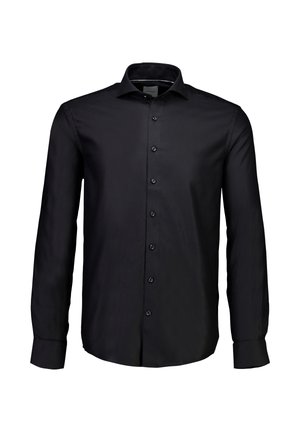 Zwart langemouwen shirt met een button-down kraag, gladde textuur, voor knoopsluiting en licht getailleerde pasvorm. Geen zichtbare patronen.