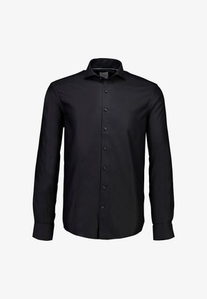 Zwart langemouwen shirt met een button-down kraag, gladde textuur, voor knoopsluiting en licht getailleerde pasvorm. Geen zichtbare patronen.