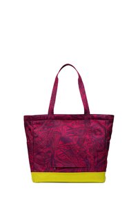 Sac fourre-tout matelassé avec un extérieur à motifs roses vifs et un fond jaune contrastant. Il est doté de deux poignées robustes et d'une poche avant.