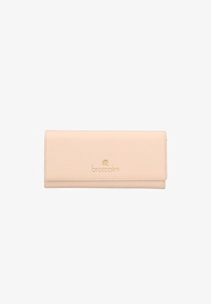 Peach-colored faux leather wallet with a textured surface, featuring a gold logo and a flap closure. Rectangular shape with stitched edges.