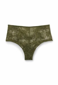 Olive green lace brief featuring floral patterns, sheer texture, and a high-waisted cut with an elastic waistband.