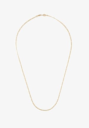 Arany színű fém nyaklánc egyszerű lánc dizájnnal, sima felülettel és ovális csattal a hátsó részen.