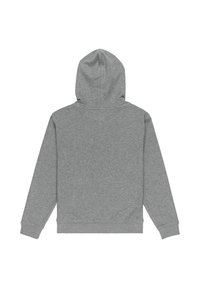 Sivá mikina s klokanou kapsou, nastaviteľnou šnúrkou na kapucni, rebrovanými manžetami a lemom. Mäkká tkanina s hladkým povrchom.