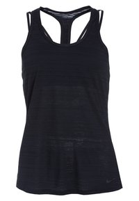 Top de entrenamiento negro con un acabado texturizado. Presenta un diseño de espalda nadador y tirantes delgados. Mostrado sin accesorios adicionales.
