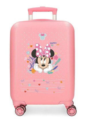 Maleta rígida rosa con ruedas giratorias, que presenta a Minnie Mouse con un lazo de lunares y decoraciones florales, y el texto "Feliz de ser yo".