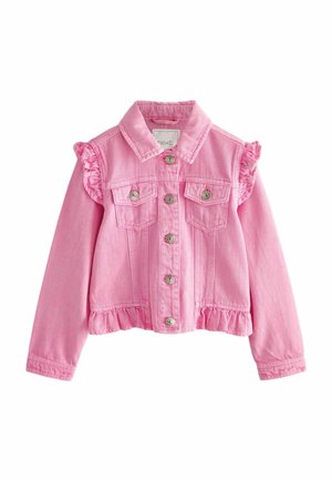 Pink denim jacket with silver buttons, ruffled cap sleeves, chest pockets, and ruffle trim along the bottom hem.