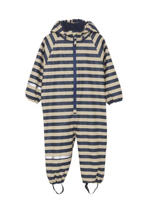 Mono impermeable para niños con rayas horizontales en beige y azul marino, puños elásticos, capucha, cremallera frontal y tirantes para los pies.