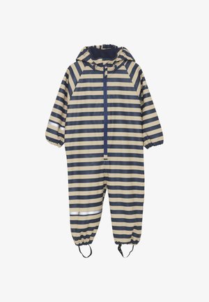 Combinaison imperméable pour enfants avec rayures horizontales beige et marine, poignets élastiques, capuche, fermeture éclair à l'avant et brides pour les pieds.