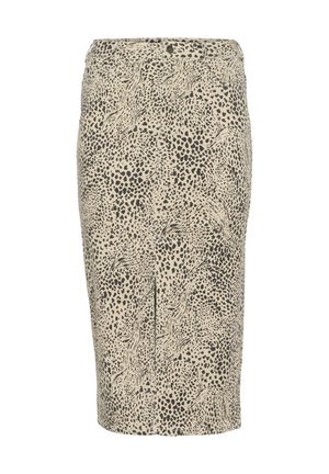 Spódnica do kolan w beżowym materiale z czarnym wzorem zwierzęcym i abstrakcyjnymi motywami; ma rozcięcie na dole i dopasowany krój.