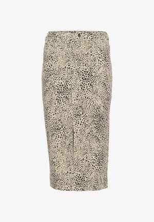 Knä-lång kjol i beige tyg med svart djurmönster och abstrakta motiv; har en slits vid fållen och en figurnära silhuett.