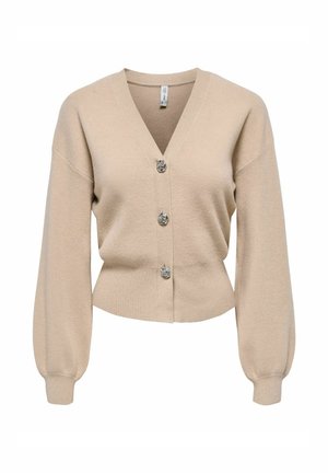 Gilet en maille beige à col en V, avec trois boutons décoratifs, de longues manches bouffantes ainsi que des poignets et un ourlet côtelés.