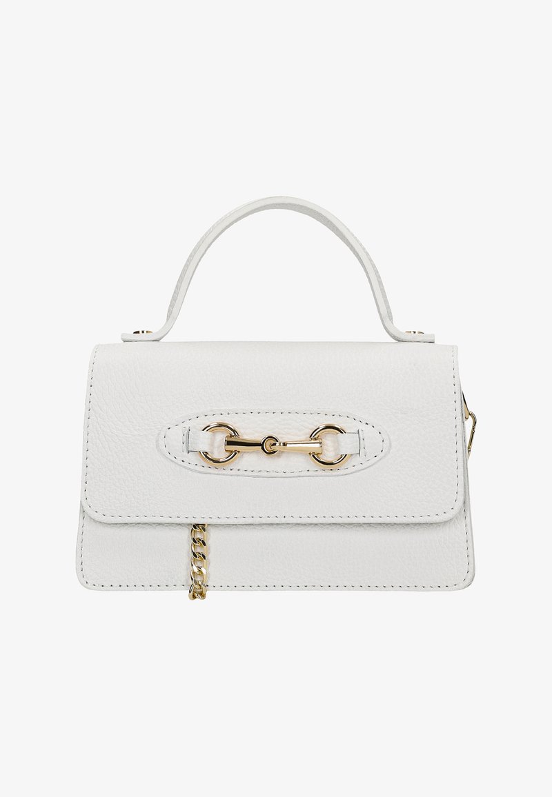 Witte leren handtas met een textuurafwerking, gouden accenten en een kettingdetail. Bevat een handvat aan de bovenkant en een ovale sluiting.