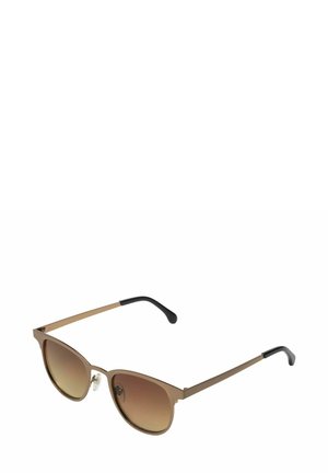 Metal sunglasses with a cat-eye design, brown gradient lenses, and thin gold-colored frames. Black temple tips add contrast.