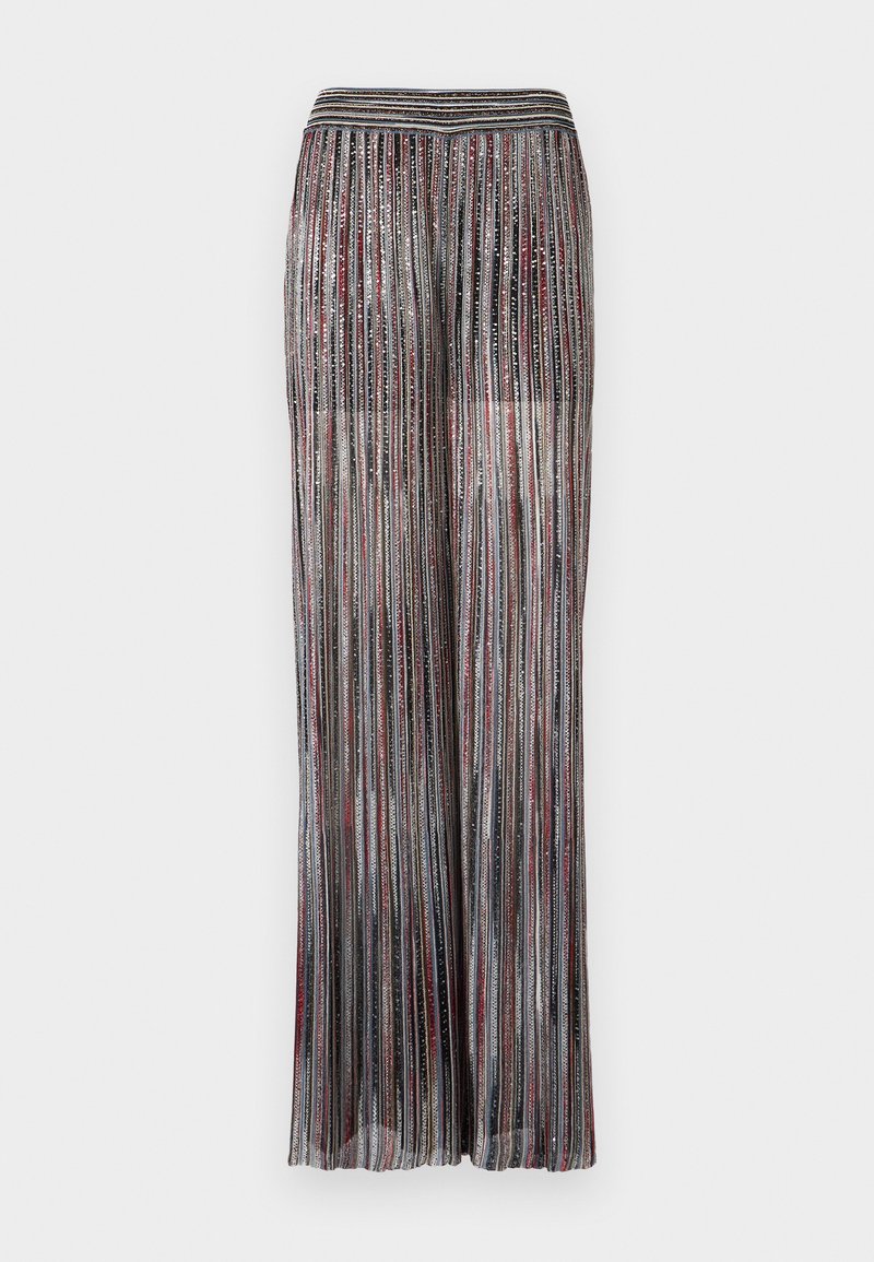 Bukser med vide ben i et plisseret design, med metalliske tråde i rød, sølv og sort, og med en elastisk talje for komfort.