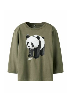 Olive green long-sleeve shirt with a pixelated 3D panda graphic and the text "POLITE COOL" on the front.