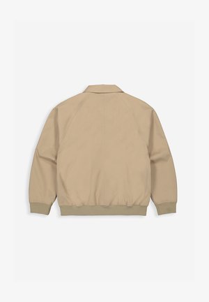 Beige Bomberjacke mit gerippten Bündchen und Saum, Raglanärmeln und einfachem Kragen, von hinten auf weißem Hintergrund gezeigt.