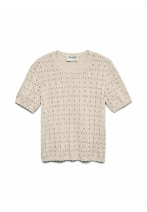 Maglione a maglia color beige chiaro con scollo rotondo, maniche corte e motivo a diamante testurizzato su tutta la superficie. Bordo smerlato sulle maniche e sull'orlo.