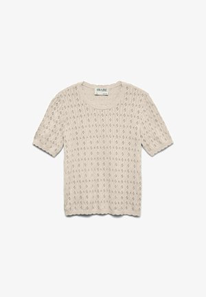 Light beige knitted sweater with a scoop neck, short sleeves, and a textured diamond pattern throughout. Scalloped edges at sleeves and hem.