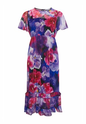 Vestido midi floral con flores rosas, moradas y azules, mangas cortas con volantes, cintura ajustada y dobladillo con volantes.