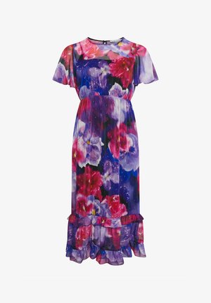 Kwiecista sukienka midi z różowymi, fioletowymi i niebieskimi kwiatami, krótkimi rozkloszowanymi rękawami, dopasowaną talią i falbanowym dołem.