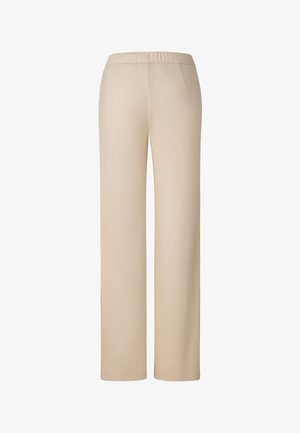 Beige wide-leg pants with an elastic waistband, featuring two side pockets and a smooth, soft texture. Ideal for comfort and versatility.
