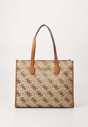 Beige og brun mønstret skuldertaske med lys brune læderhåndtag og trim, med monogramdesign og centralt mærkelogo.