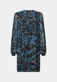 Robe mini à manches longues avec imprimé abstrait bleu et noir, dotée d'un col froncé et de manches légèrement bouffantes.