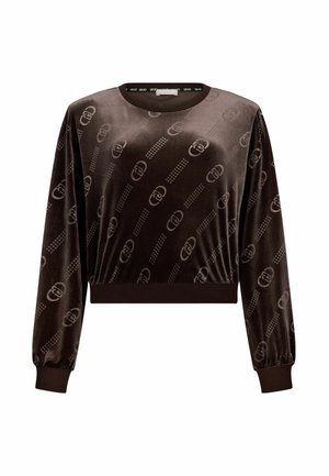 Top lungo in velluto marrone con maniche lunghe, design cropped, polsini a costine e un sottile motivo logo su tutta la superficie. Texture liscia con vestibilità comoda.