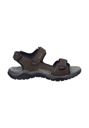 Brown sandals made of synthetic material with adjustable Velcro straps, a cushioned footbed, and a rugged rubber sole designed for traction.