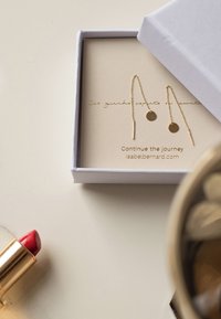Boucles d'oreilles dorées avec un design de disque circulaire et de barre allongée présentées dans une boîte blanche avec un intérieur beige et un texte imprimé.
