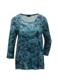 Marineblaues Langarmshirt mit Paisleymuster in Türkis und Grün, aus einem weichen, dehnbaren Material. Rundhalsausschnitt.
