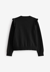 Pull noir à manches longues avec détails à volants aux épaules, poignets côtelés et ourlet côtelé, montré de dos sur fond blanc.