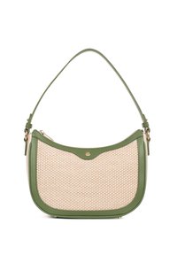 Borsa a spalla in pelle verde con motivo intrecciato beige, forma curvata, chiusura a zip e tracolla sottile regolabile. Accentuata da accessori in oro.