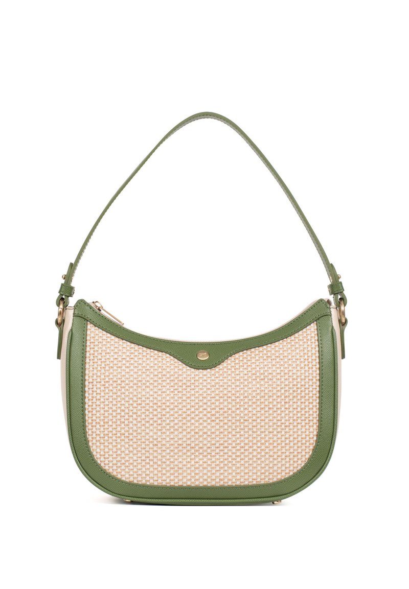 Borsa a spalla in pelle verde con motivo intrecciato beige, forma curvata, chiusura a zip e tracolla sottile regolabile. Accentuata da accessori in oro.