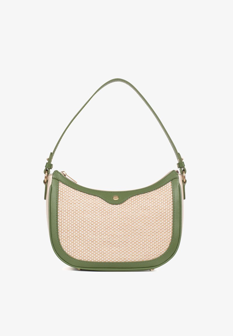 Groene leren schoudertas met een geweven beige patroon, gebogen vorm, ritsluiting en een slanke verstelbare schouderriem. Accentueert met gouden hardware.
