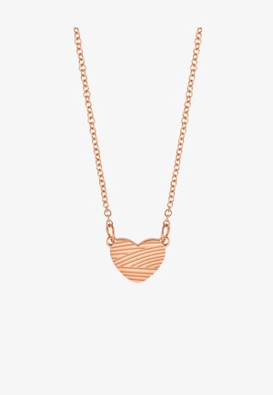 Naszyjnik w odcieniu różowego złota z teksturowanym wisiorkiem w kształcie serca oraz delikatnym łańcuszkiem, z gładkim wykończeniem i subtelnymi liniowymi wzorami na sercu.