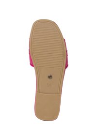 Suola di sandaletti in gomma rosa con scanalature testurizzate, un dettaglio circolare del logo e l'etichetta di dimensione "37" stampata. Suola beige liscia per una buona aderenza.