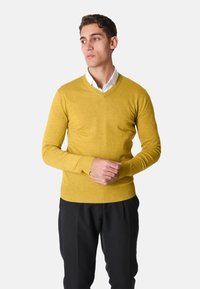 Maglione a V in giallo senape, realizzato in morbido tessuto. Presenta maniche lunghe e un design aderente, abbinato a pantaloni neri.