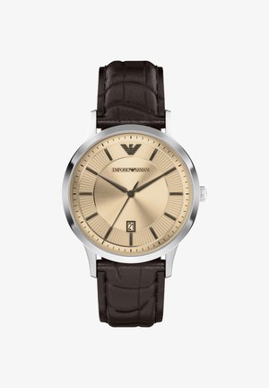 Runde Armbanduhr aus Edelstahl mit beigem Zifferblatt, schwarzen Stundenmarkierungen und Datumsanzeige bei 6 Uhr. Braunes geprägtes Lederarmband.