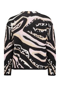 Pull en tricot avec un motif abstrait audacieux noir, rose, beige et blanc. Il présente un col rond et des manches longues.