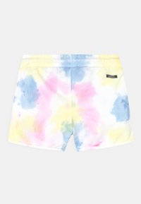 Tie-dye shorts in lichte blauwe, roze en gele kleuren. Gemaakt van zachte stof met een elastische tailleband en een klein merklabel.