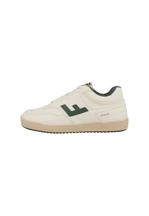 Cream-colored sneaker with green accents, smooth leather upper, textured rubber sole, and perforated detailing on the toe box.