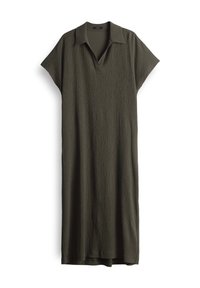 Robe midi vert olive foncé à manches courtes avec tissu texturé, col plié et décolleté en V, présentée sur fond blanc.