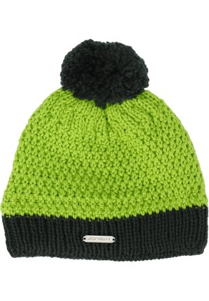 Strikket hue i lys grøn med en mørkegrøn bærestykke og pom-pom på toppen. Har et sølvfarvet logo akcent på bærestykket.