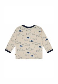 Langärmliges Hemd aus beigem Baumwollmaterial mit maritimen Hai-Drucken in Navyblau. Mit Rundhalsausschnitt und kontrastierenden navyblauen Ärmelbündchen.