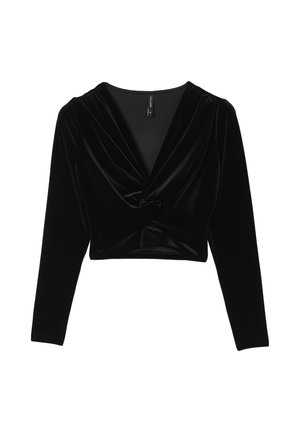 Crop top in velluto nero a maniche lunghe con scollatura a V profonda e dettaglio annodato al centro davanti.