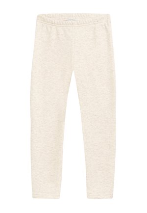 Light beige leggings made from a soft, textured fabric. Features an elastic waistband and a fitted silhouette. No distinct patterns or accents.