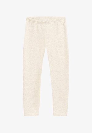 Light beige leggings made from a soft, textured fabric. Features an elastic waistband and a fitted silhouette. No distinct patterns or accents.