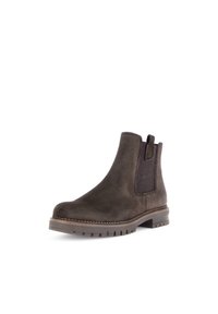 Bruine suède Chelsea-boot met elastische zijpaneel, ronde neus, robuuste buitenzool en contrasterende stiksels. Klassiek ontwerp op enkelhoogte.