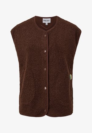 Smeđa prsluk od šerpe bez rukava s okruglim izrezom i zatvaranjem na drukere sprijeda, s oznakom "PIECES" na ovratniku.